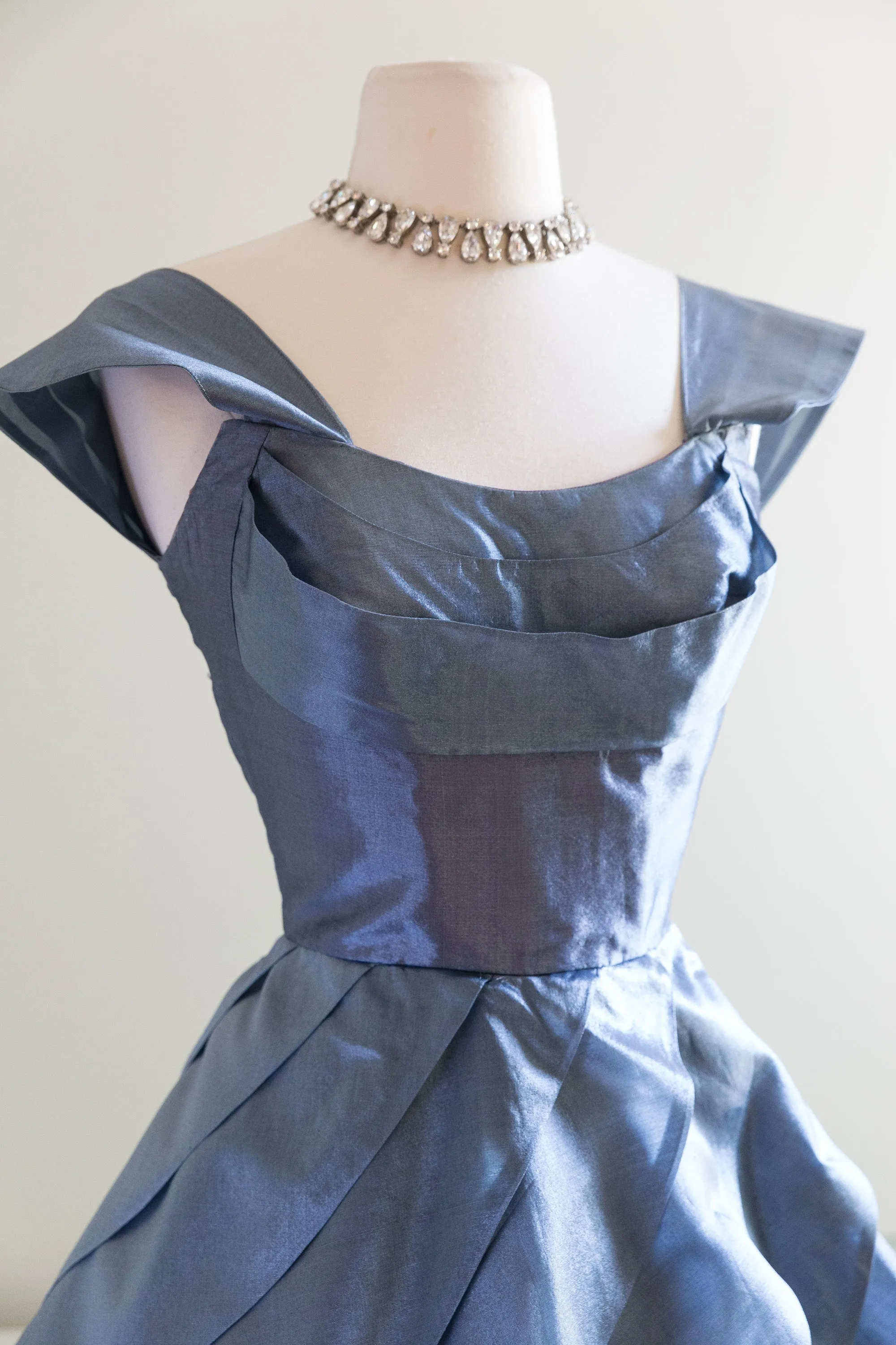 1950's Blue Waves Silk Organza Party Dress / Waist 26