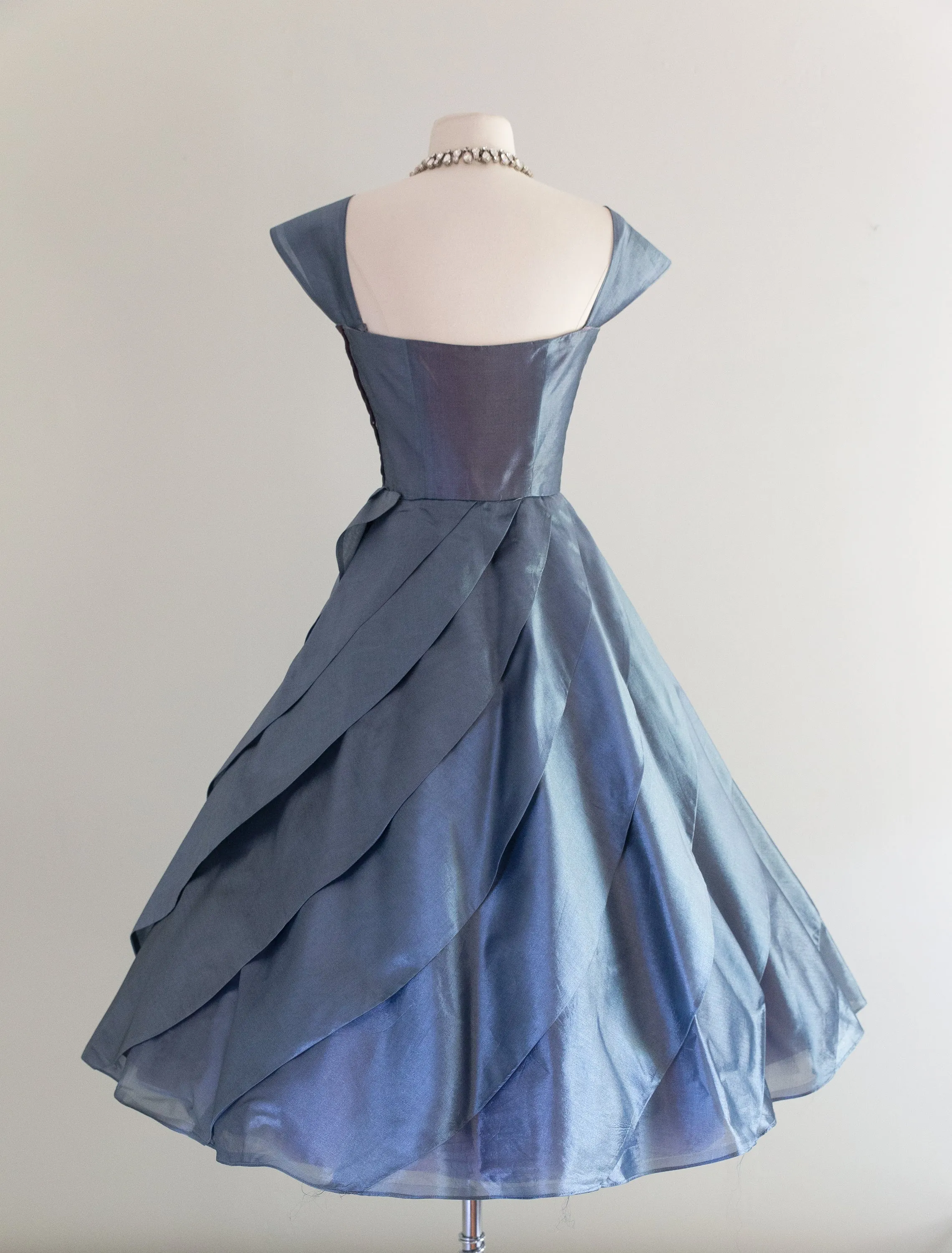1950's Blue Waves Silk Organza Party Dress / Waist 26