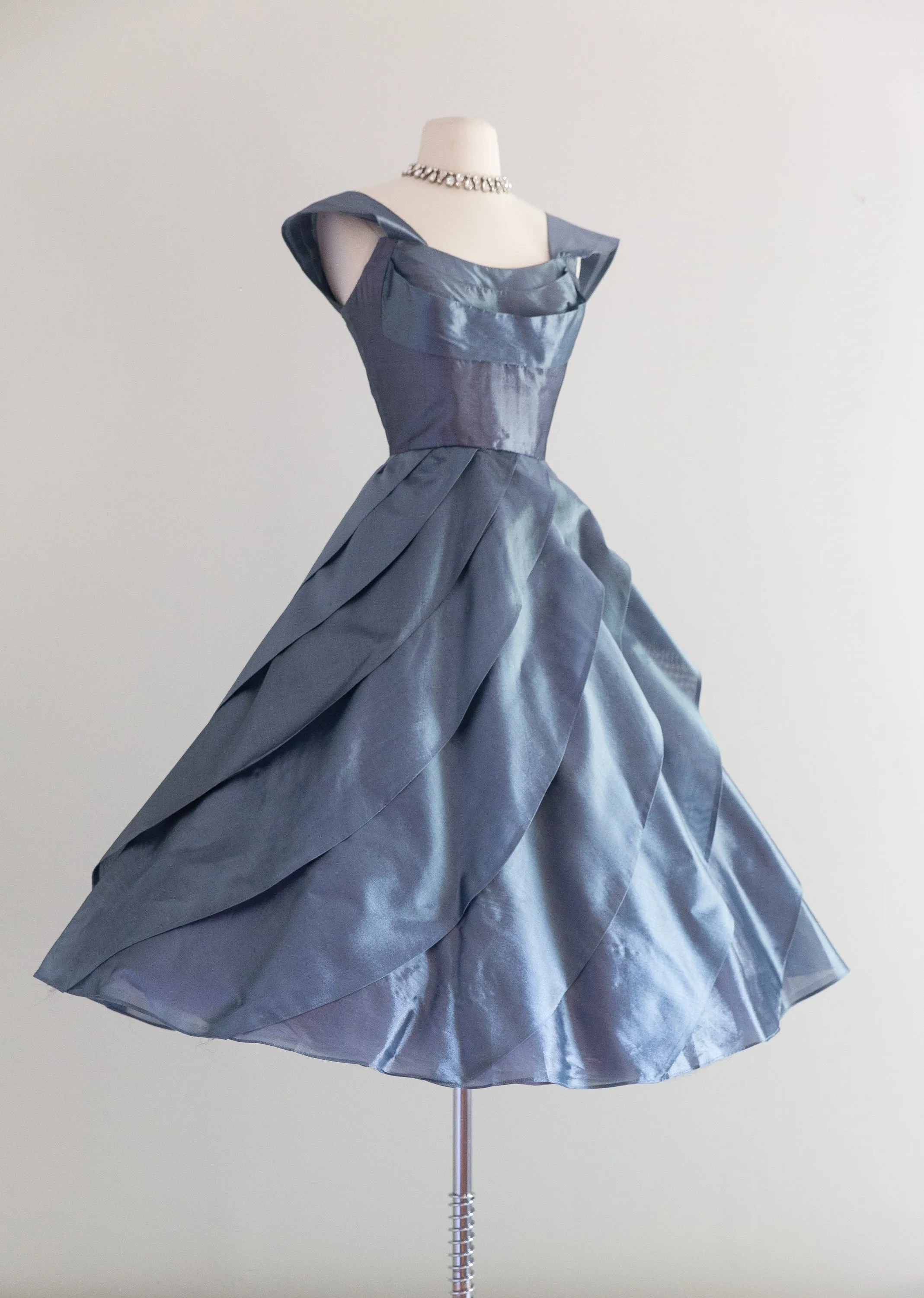 1950's Blue Waves Silk Organza Party Dress / Waist 26