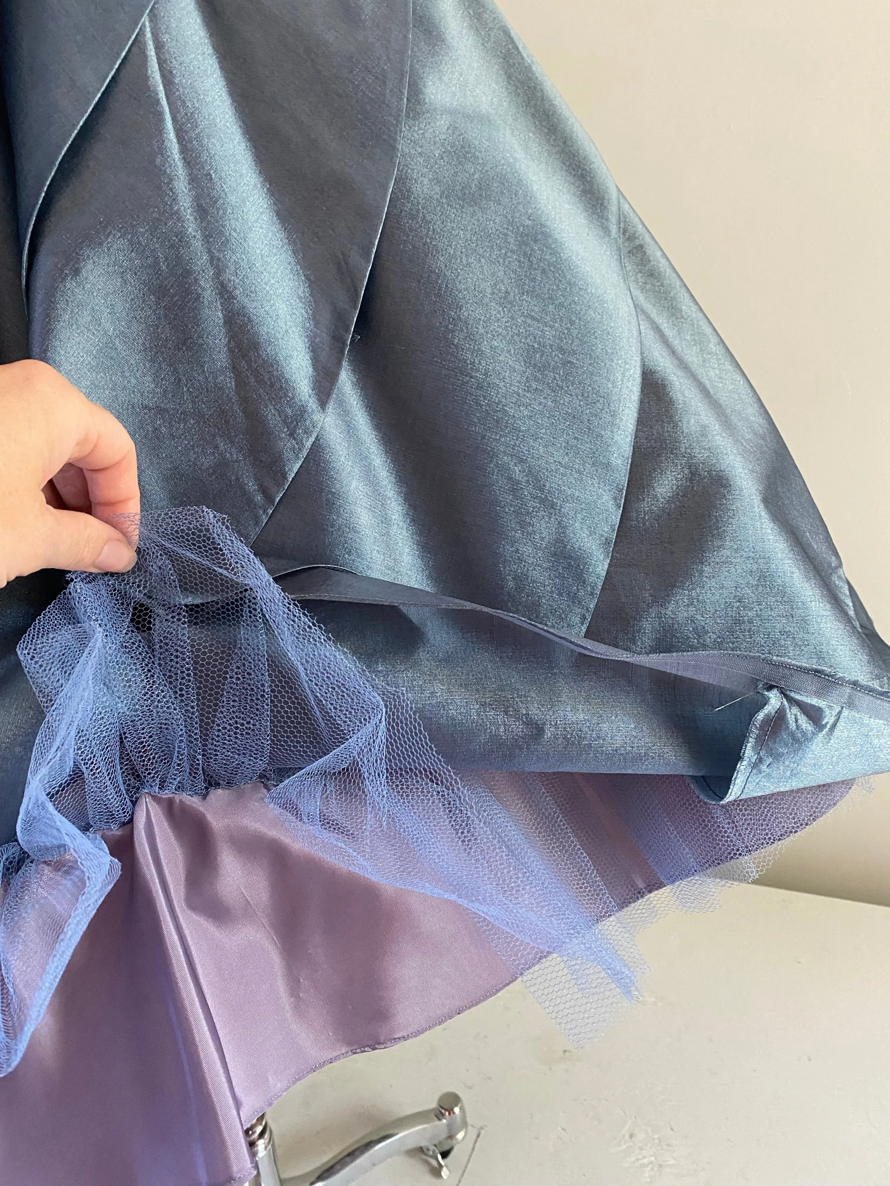 1950's Blue Waves Silk Organza Party Dress / Waist 26