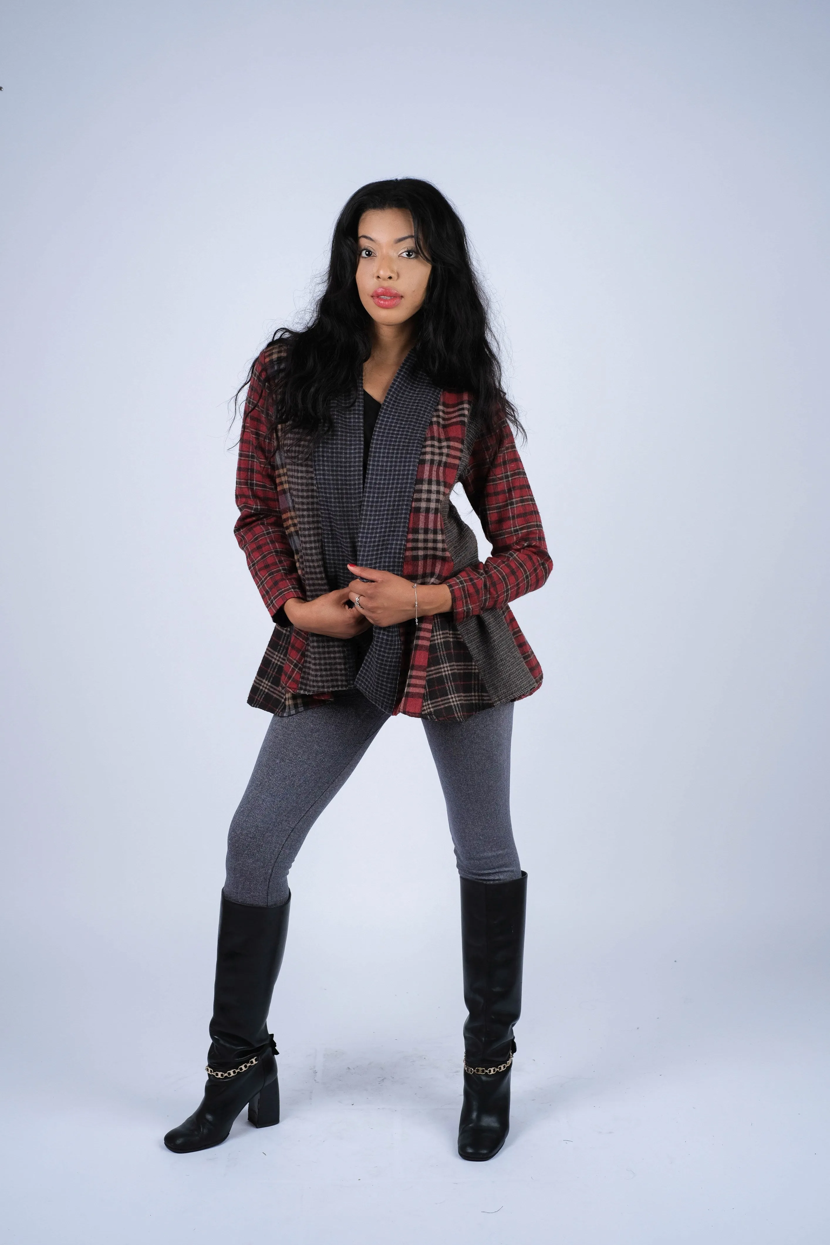 224657 Patchwork Plaid Cotton Cardigan