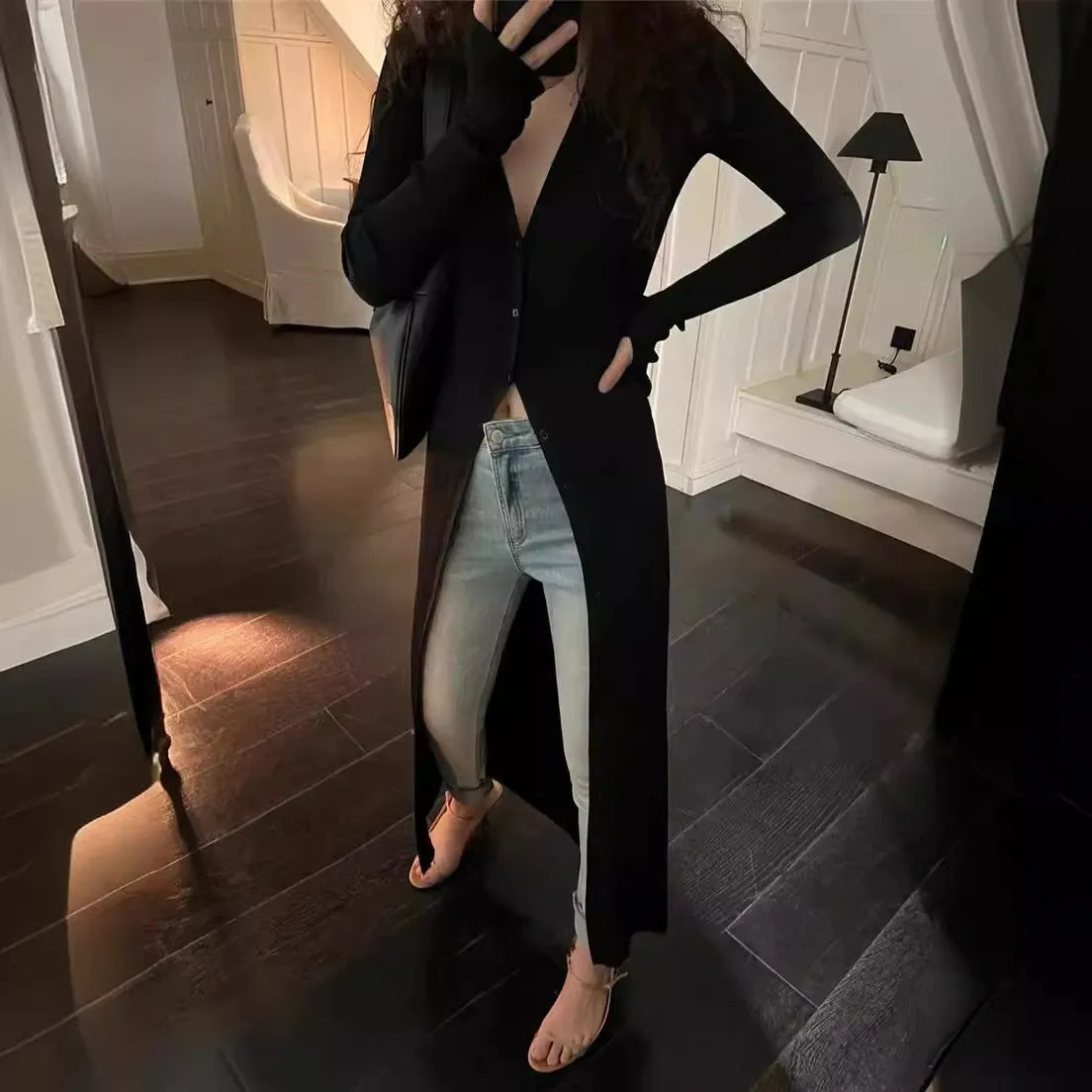 Aiertu leapord halloween outfit Autumn and Winter Deep V Leader Opening Hole Slim Slimming Paper Piece Cardigan Inner Dress