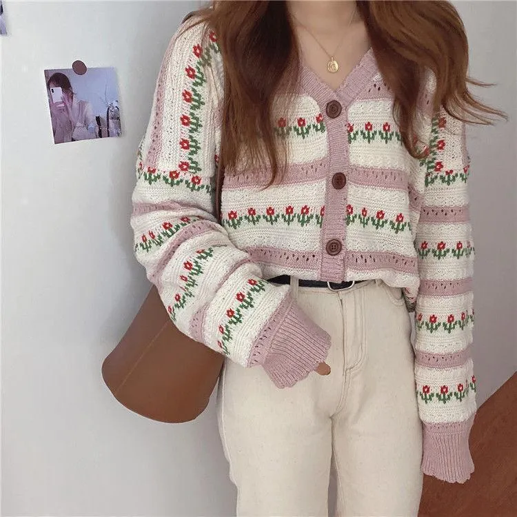 Aiertu teacher outfits Korean Style Retro Hollow Flower Jacquard Sweater Women's Knitted Cardigan New Autumn Knitted Long Sleeve Cardigan Coat Fashion