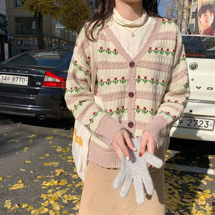 Aiertu teacher outfits Korean Style Retro Hollow Flower Jacquard Sweater Women's Knitted Cardigan New Autumn Knitted Long Sleeve Cardigan Coat Fashion