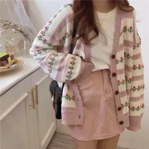 Aiertu teacher outfits Korean Style Retro Hollow Flower Jacquard Sweater Women's Knitted Cardigan New Autumn Knitted Long Sleeve Cardigan Coat Fashion