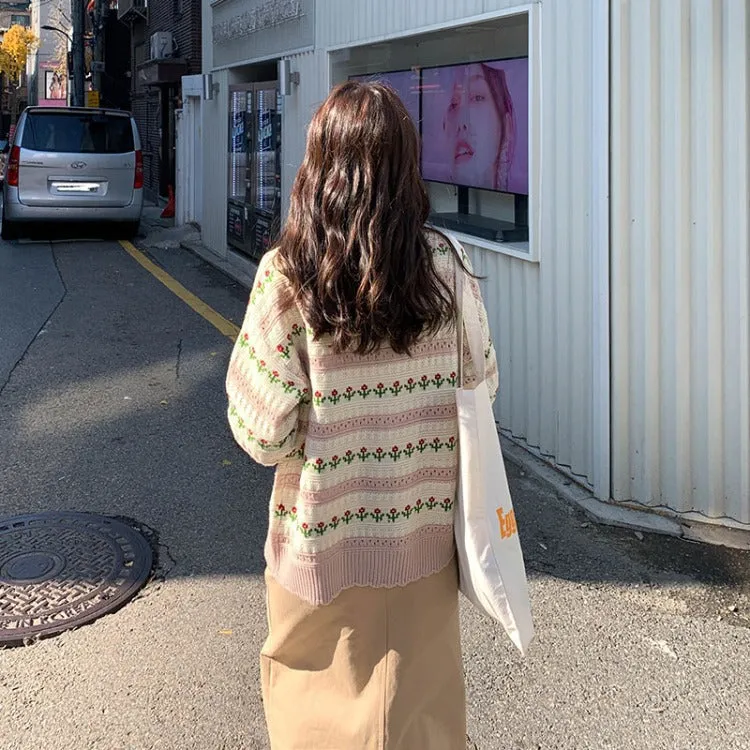 Aiertu teacher outfits Korean Style Retro Hollow Flower Jacquard Sweater Women's Knitted Cardigan New Autumn Knitted Long Sleeve Cardigan Coat Fashion