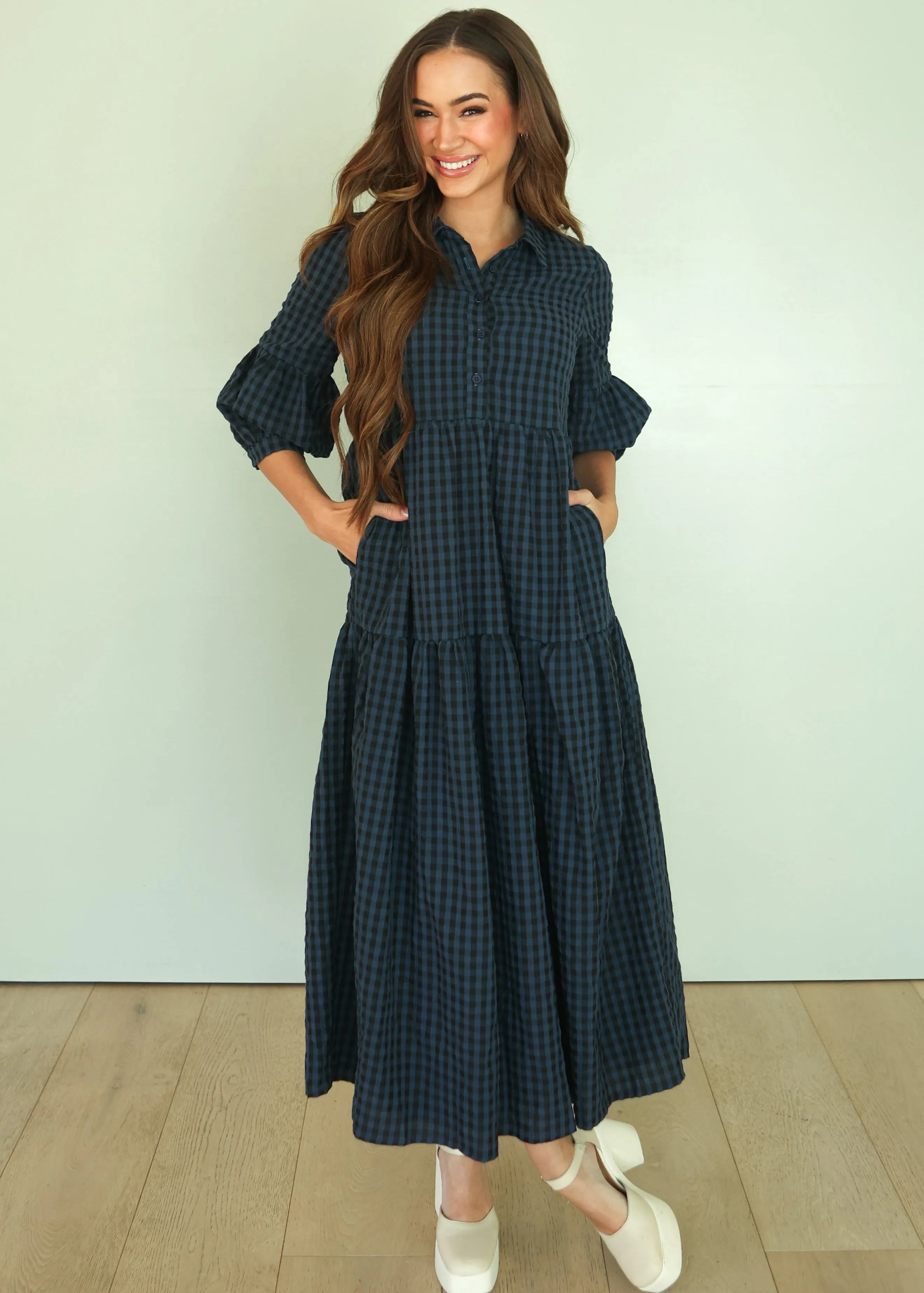 Ajara Blue Plaid Button Dress
