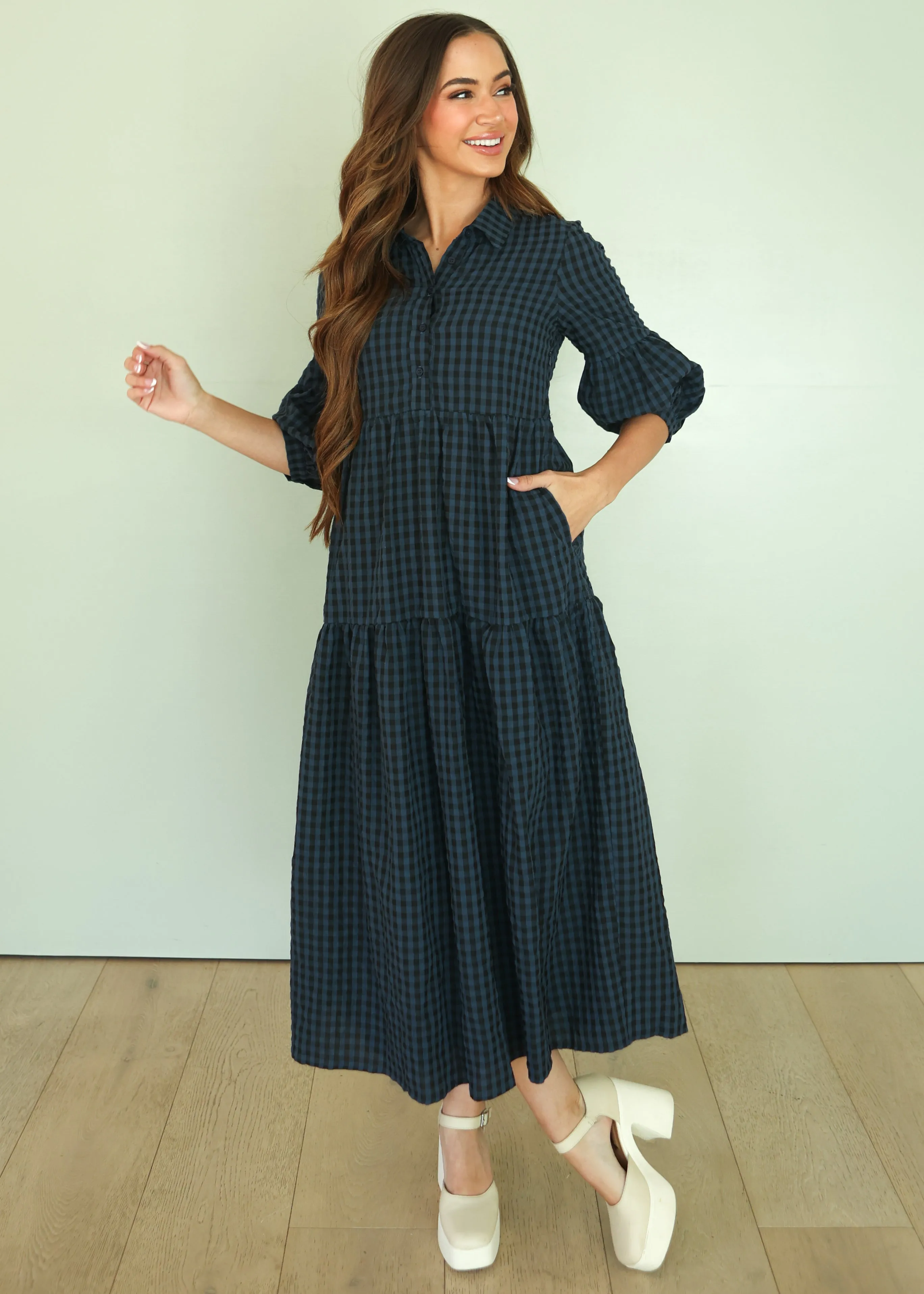Ajara Blue Plaid Button Dress