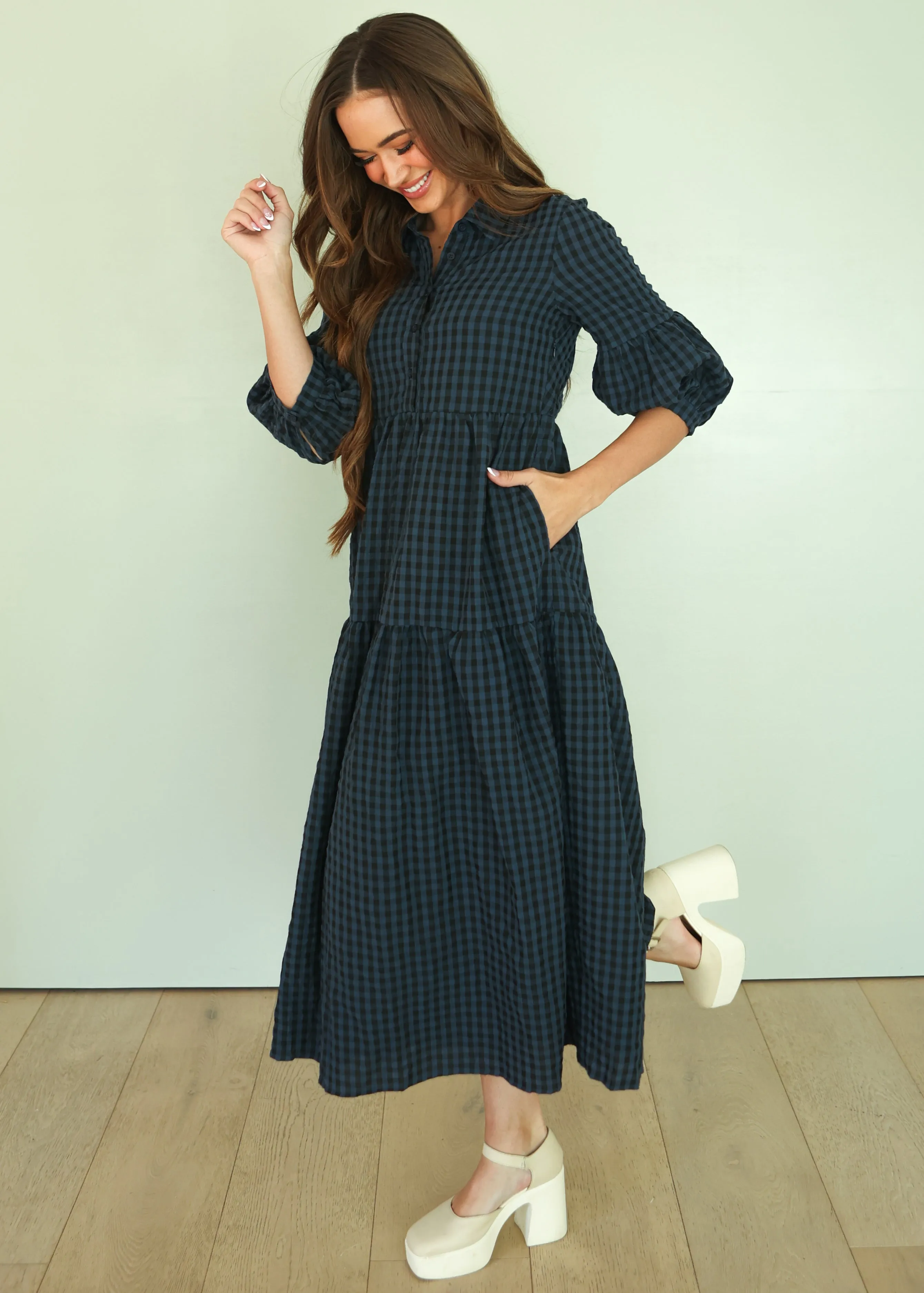 Ajara Blue Plaid Button Dress