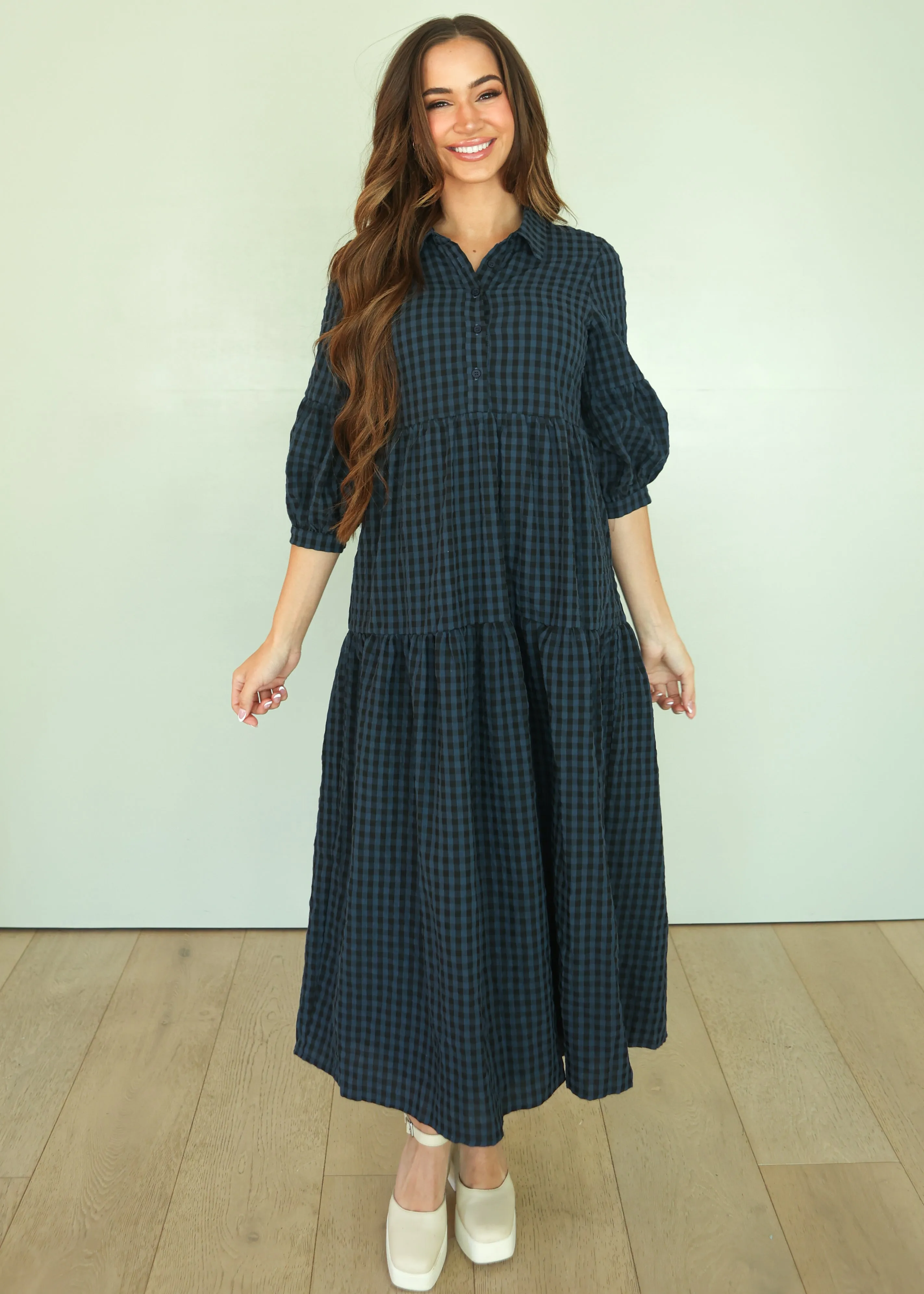 Ajara Blue Plaid Button Dress