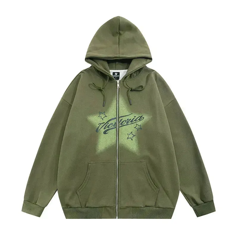 American street Star Printed Hoodie Cardigan unisex for fall winter