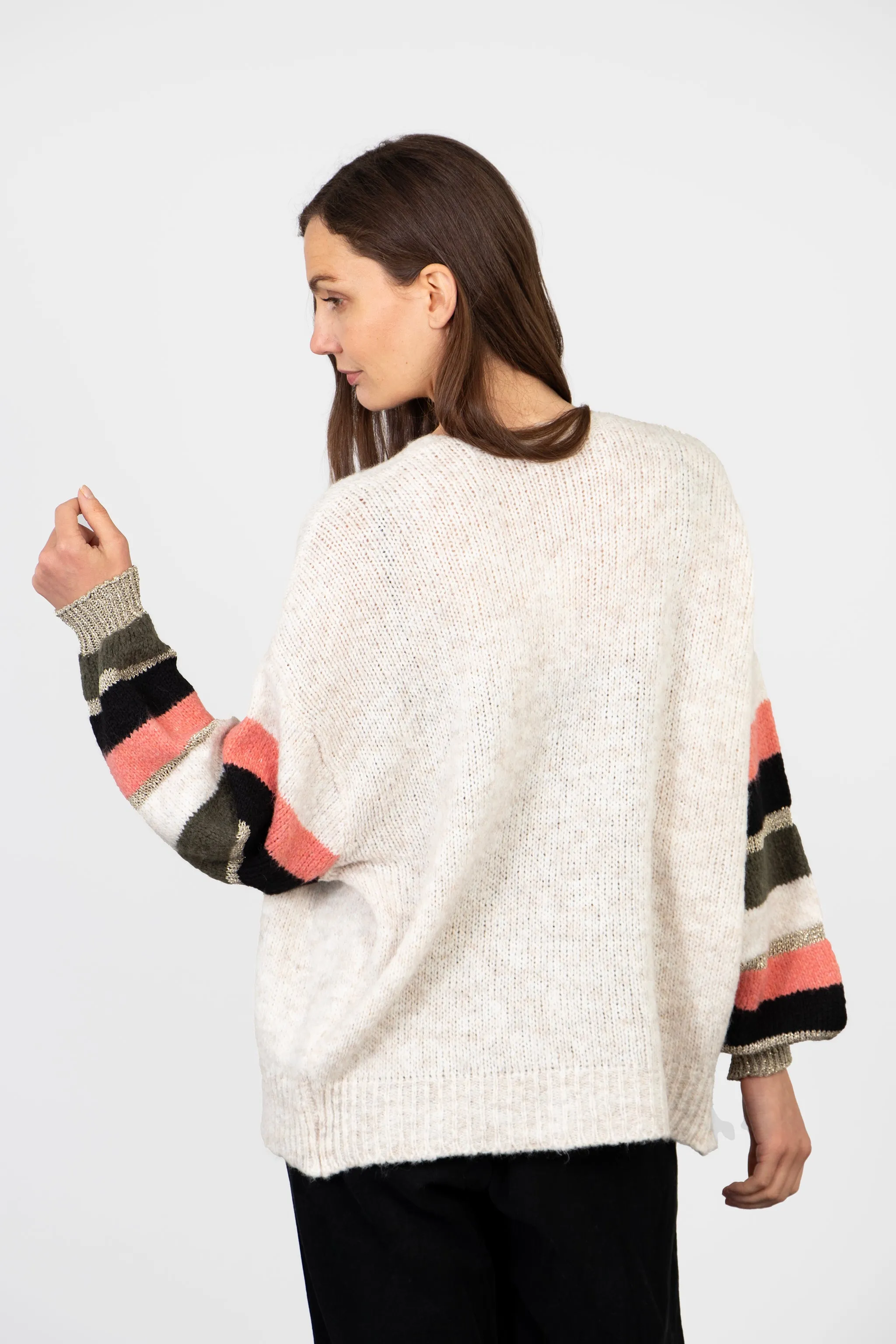April Balloon Sleeve Cardigan - Cream/Khaki, Colourblock