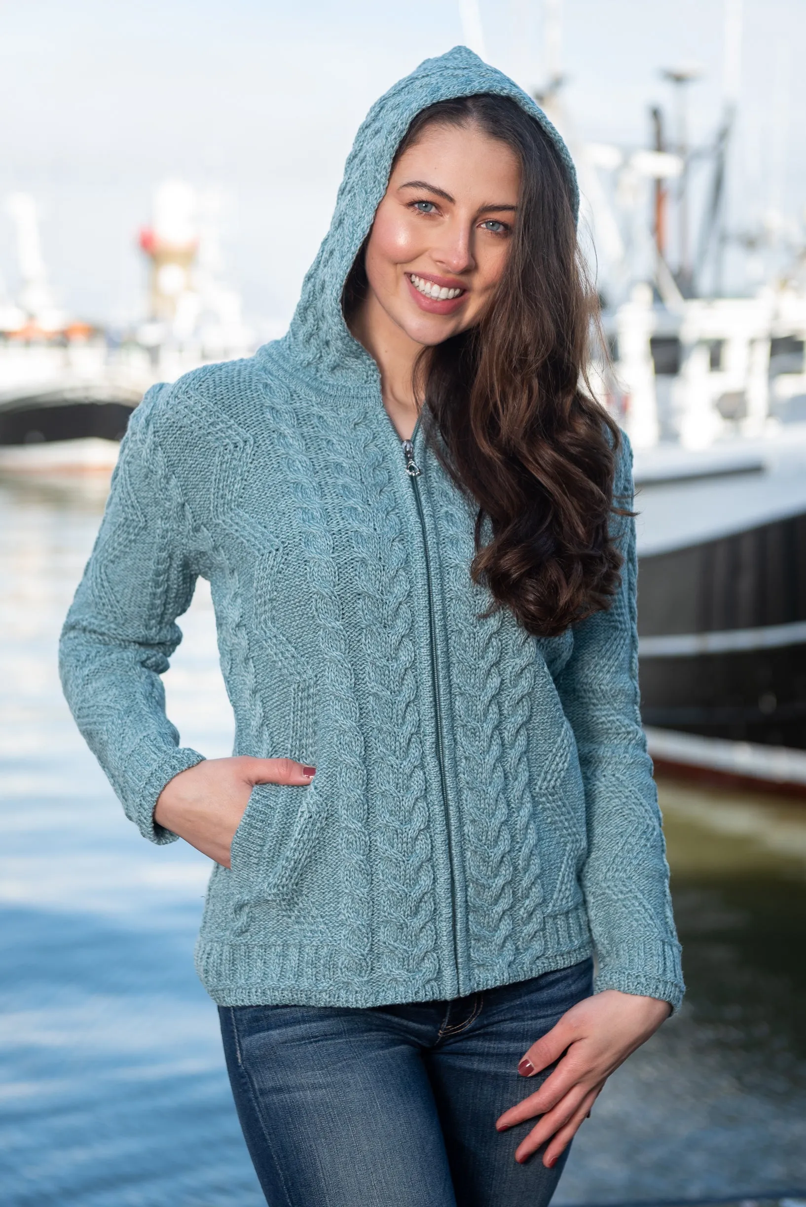 Aran Aqua Hooded Cardigan