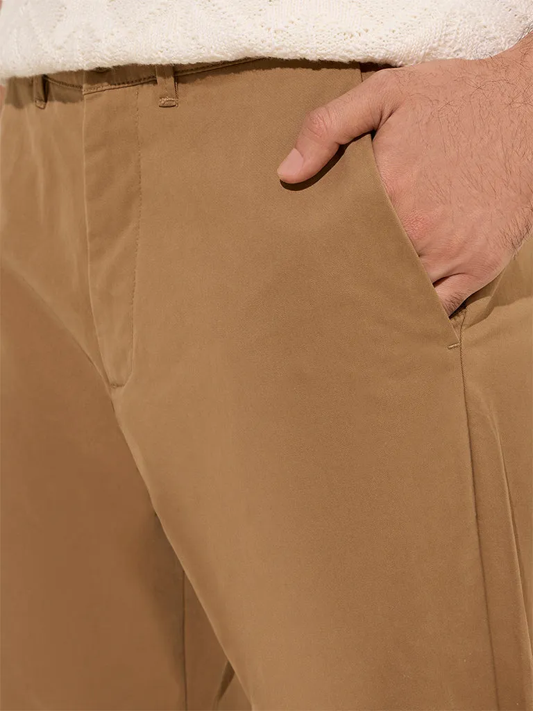 Ascot Taupe Solid Relaxed-Fit Mid-Rise Cotton Blend Chinos