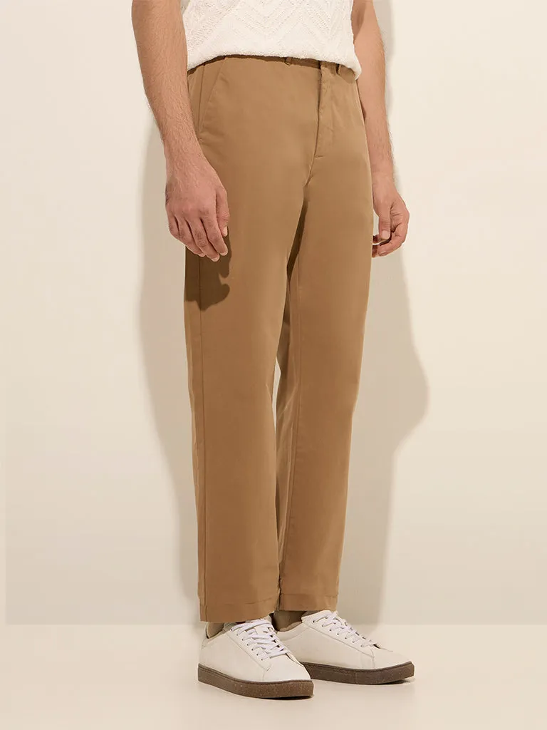 Ascot Taupe Solid Relaxed-Fit Mid-Rise Cotton Blend Chinos