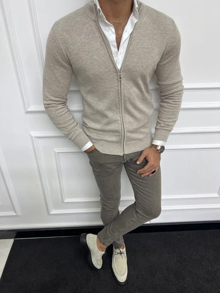Beige Slim Fit Zippered Cardigan for Men | GentWith.com