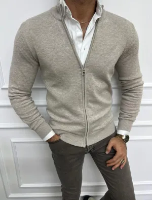 Beige Slim Fit Zippered Cardigan for Men | GentWith.com