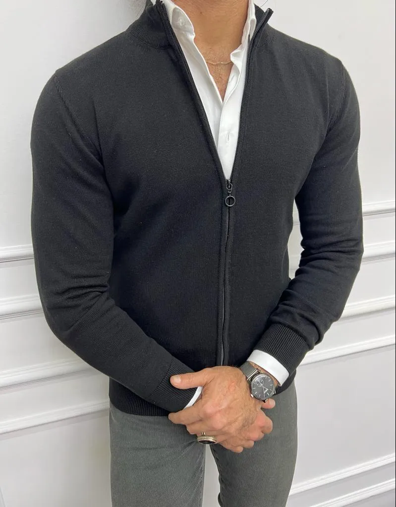 Black Slim Fit Zippered Cardigan for Men | GentWith.com