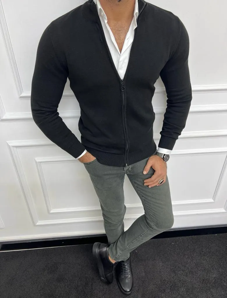 Black Slim Fit Zippered Cardigan for Men | GentWith.com