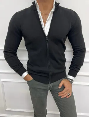 Black Slim Fit Zippered Cardigan for Men | GentWith.com
