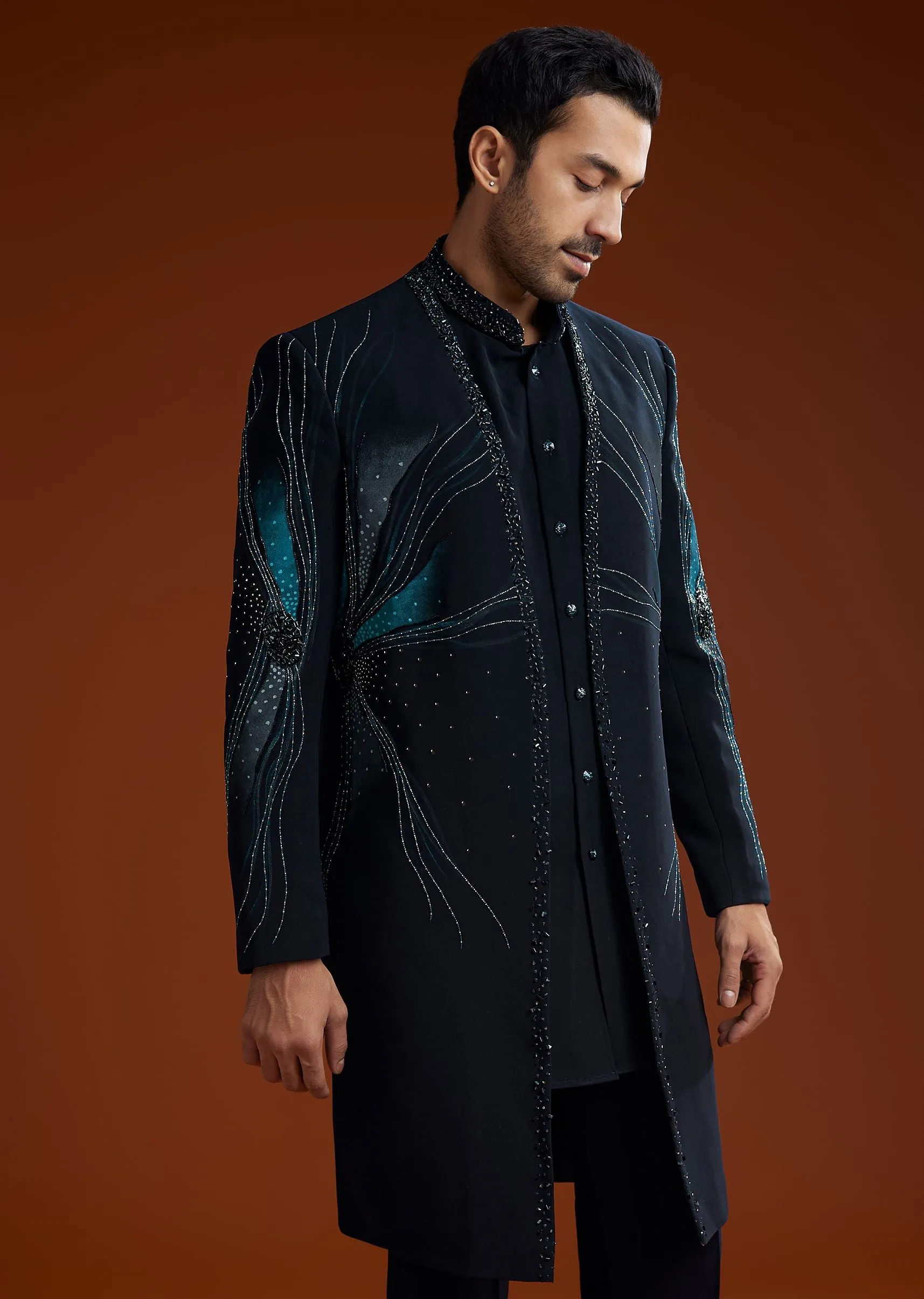 Blue Suiting Indo Jacket Set With Starlit Cutdana Work