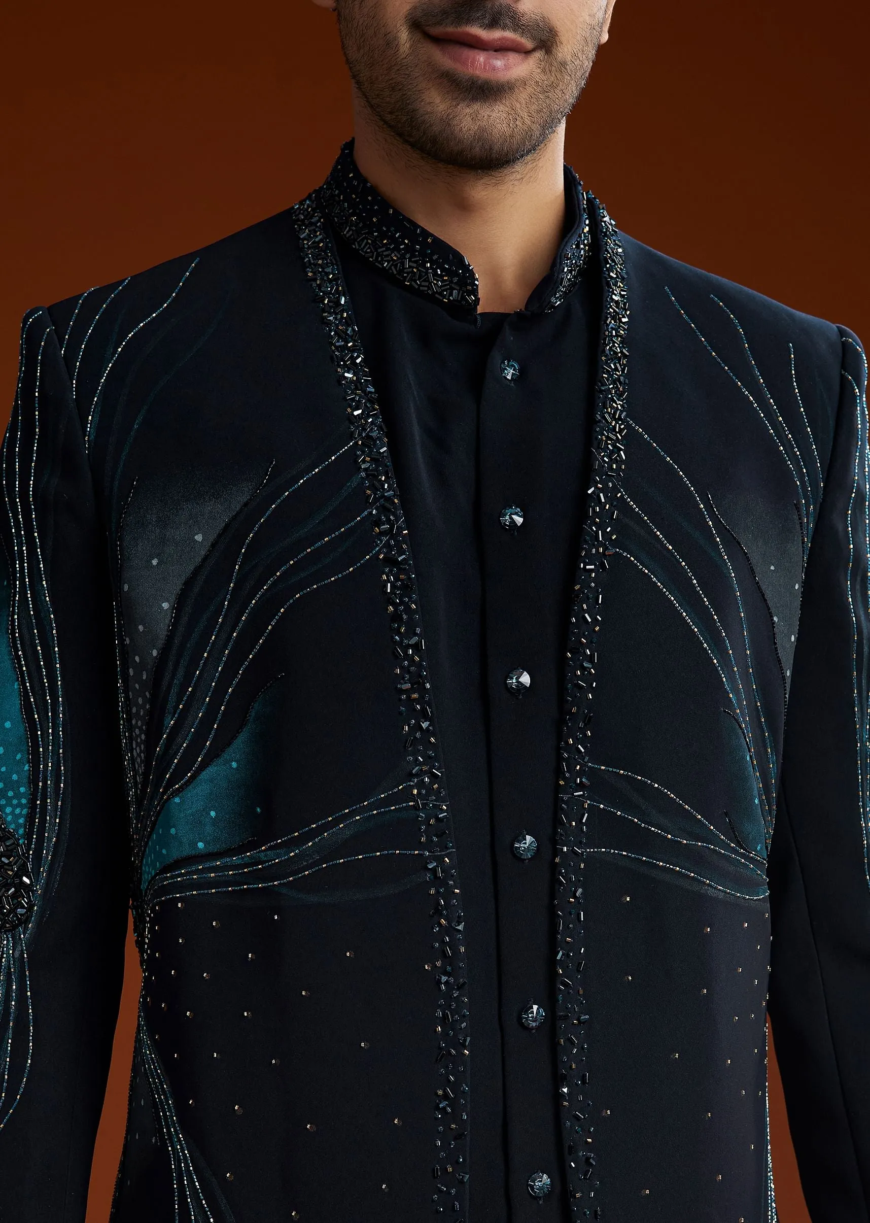 Blue Suiting Indo Jacket Set With Starlit Cutdana Work