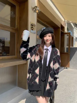 Blue White & Black Pink Diamond Argyle Pattern Cardigan