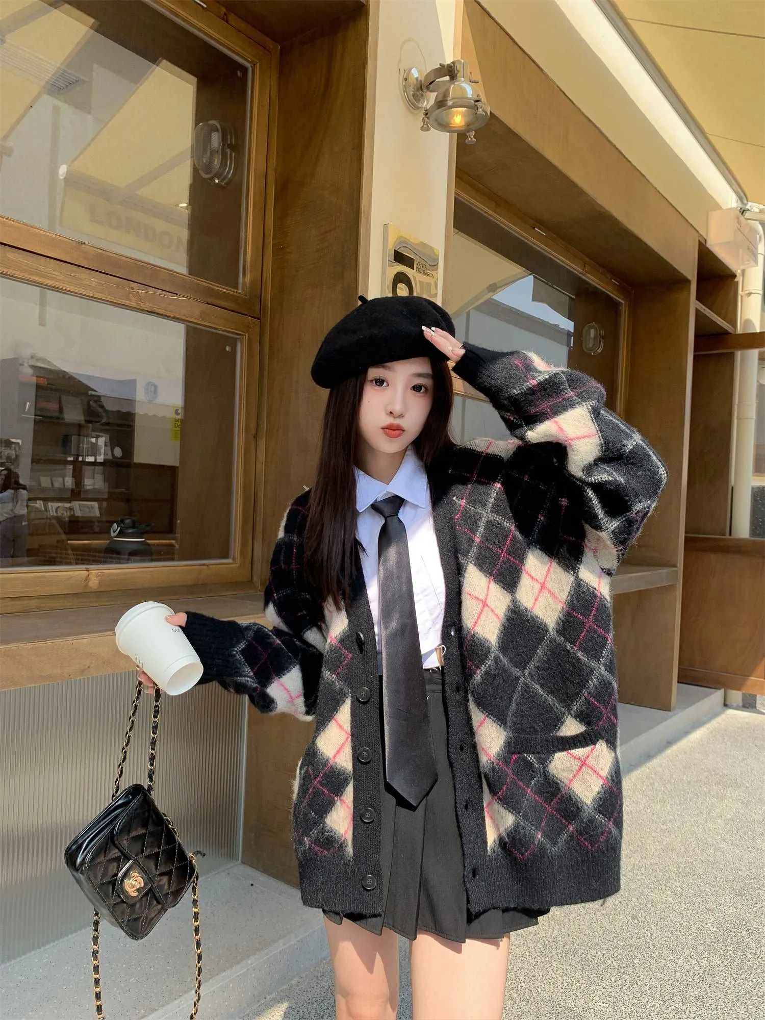 Blue White & Black Pink Diamond Argyle Pattern Cardigan