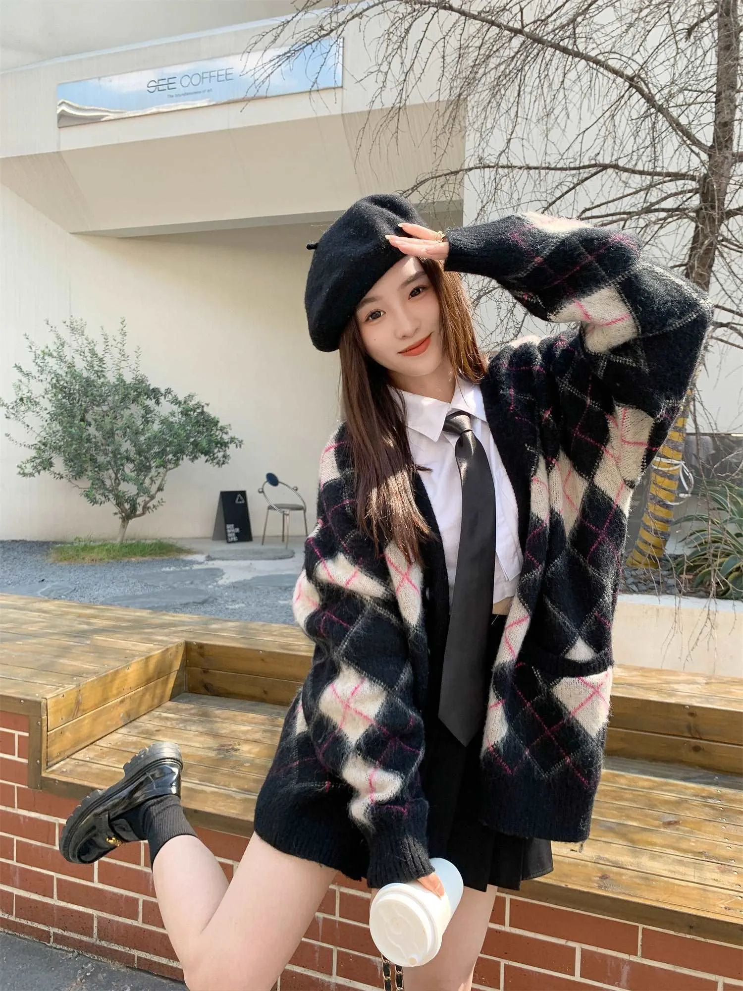 Blue White & Black Pink Diamond Argyle Pattern Cardigan