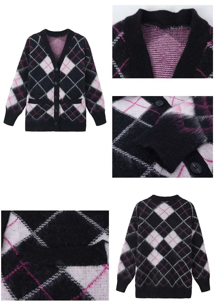 Blue White & Black Pink Diamond Argyle Pattern Cardigan