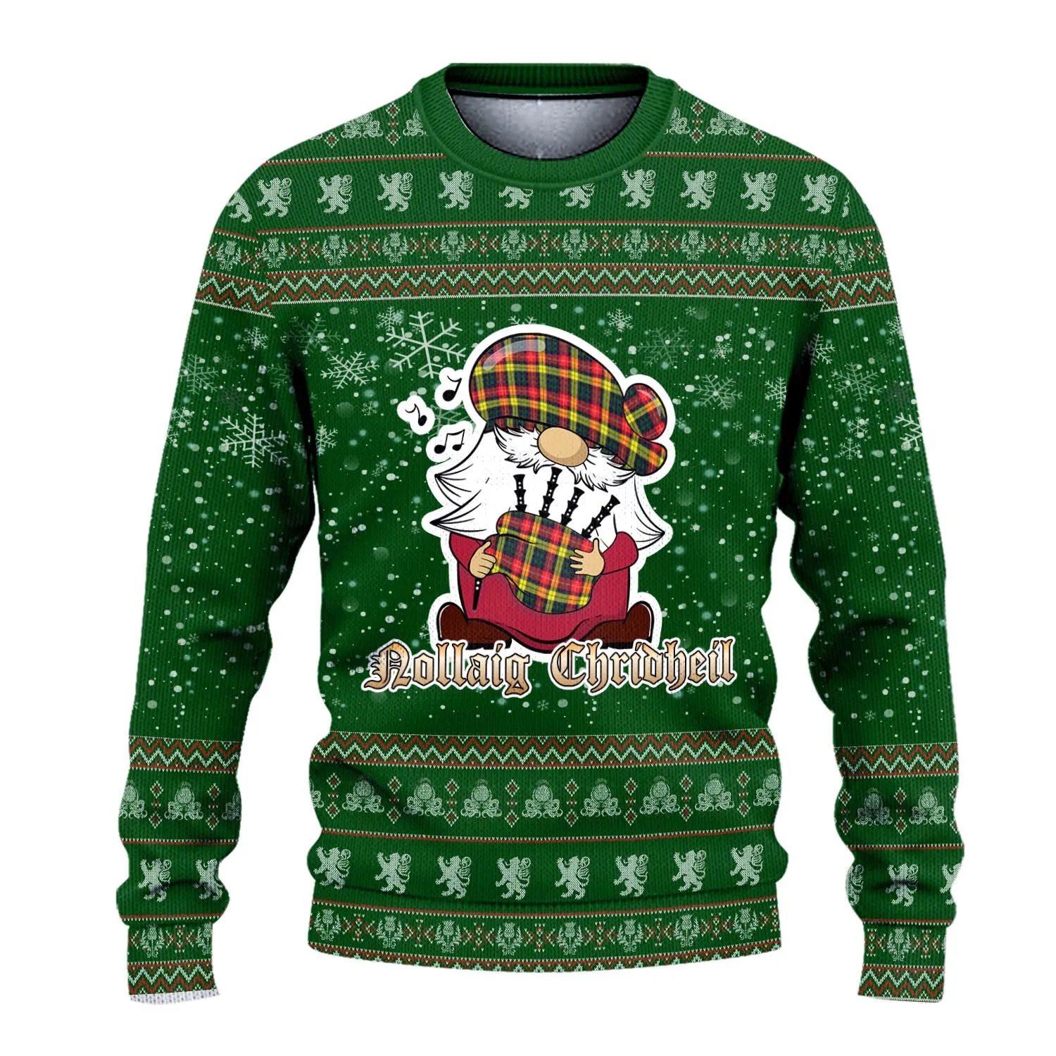 Buchanan Modern Clan Christmas Family Ugly Sweater with Funny Gnome Playing Bagpipes