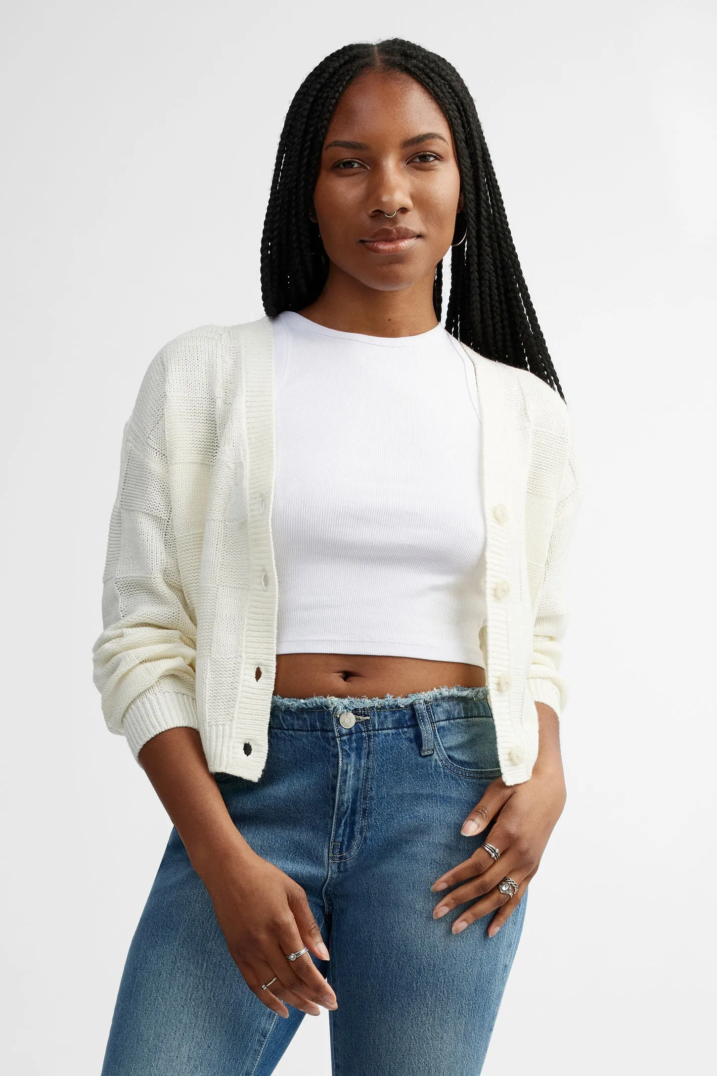 Cardigan en tricot motif carreaux - Femme