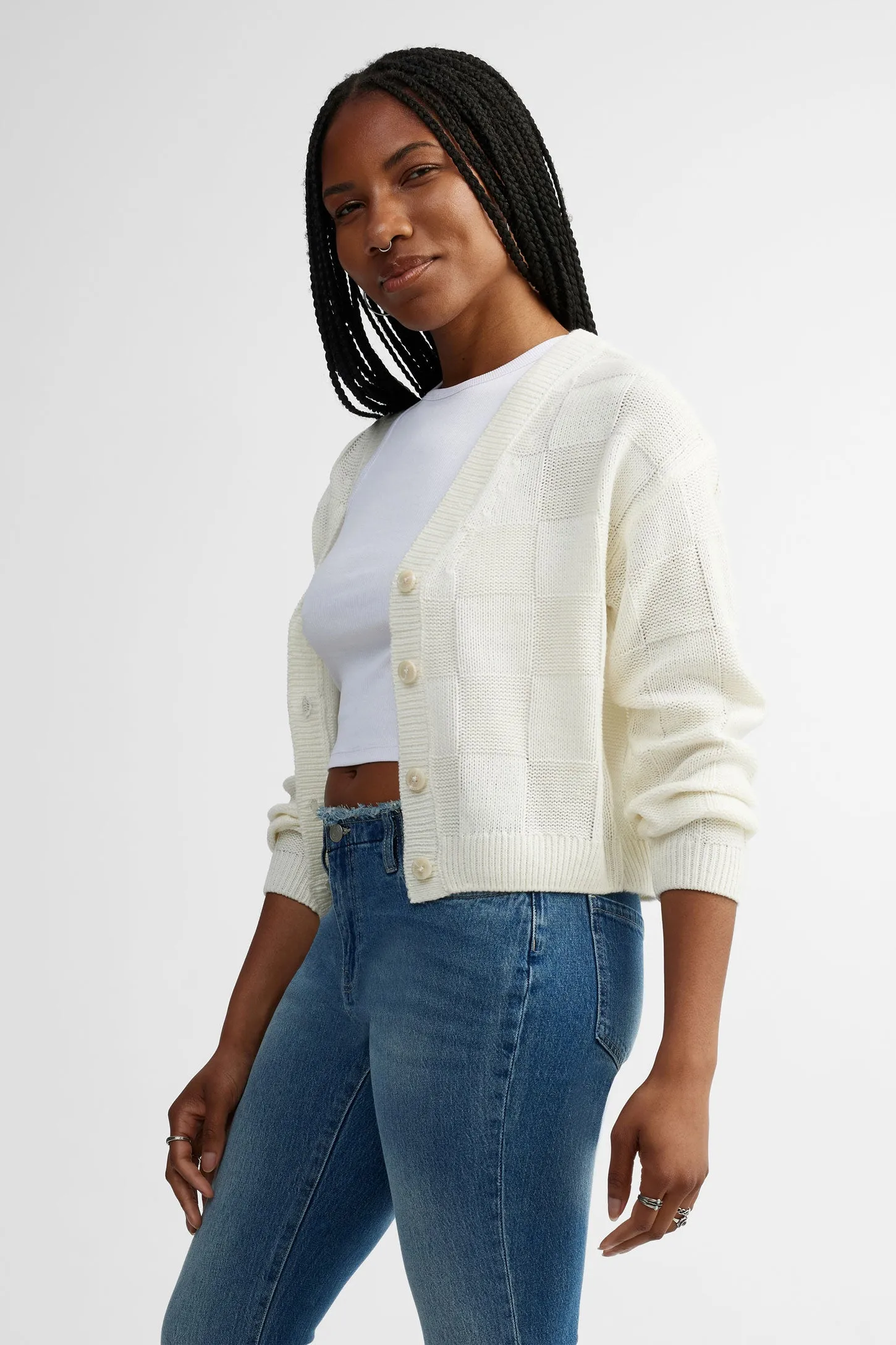 Cardigan en tricot motif carreaux - Femme