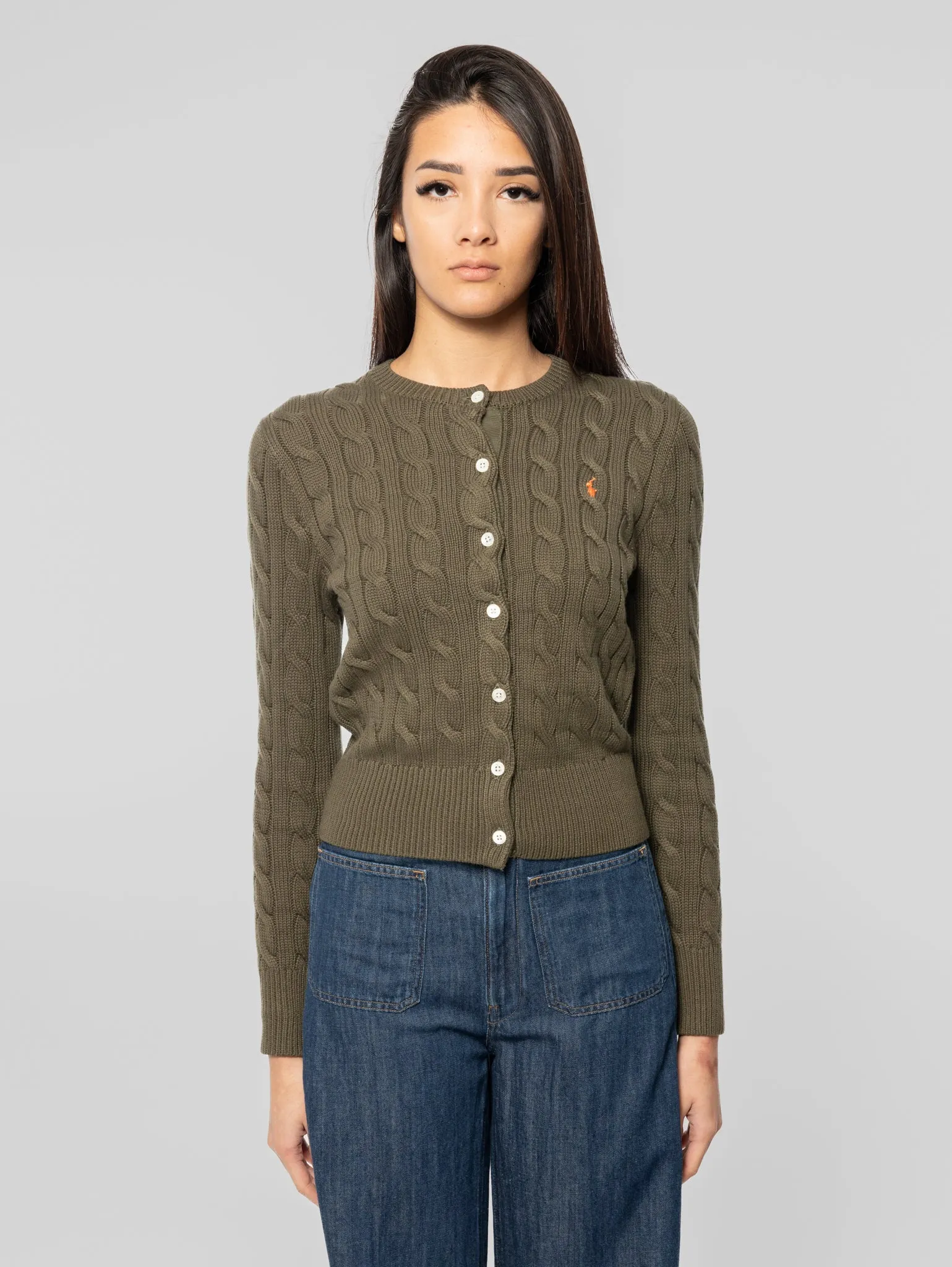 Cardigan in Cotone a Trecce Verde Oliva