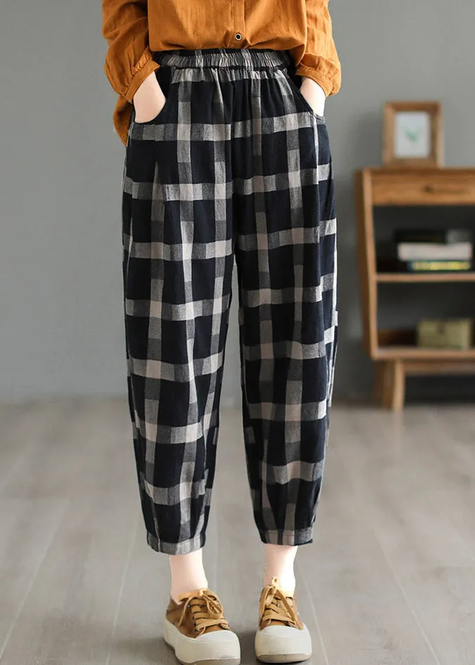 Casual Black Plaid High Waist Linen Crop Pants LY4581