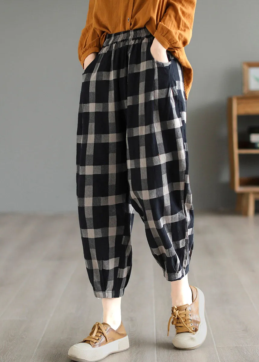 Casual Black Plaid High Waist Linen Crop Pants LY4581