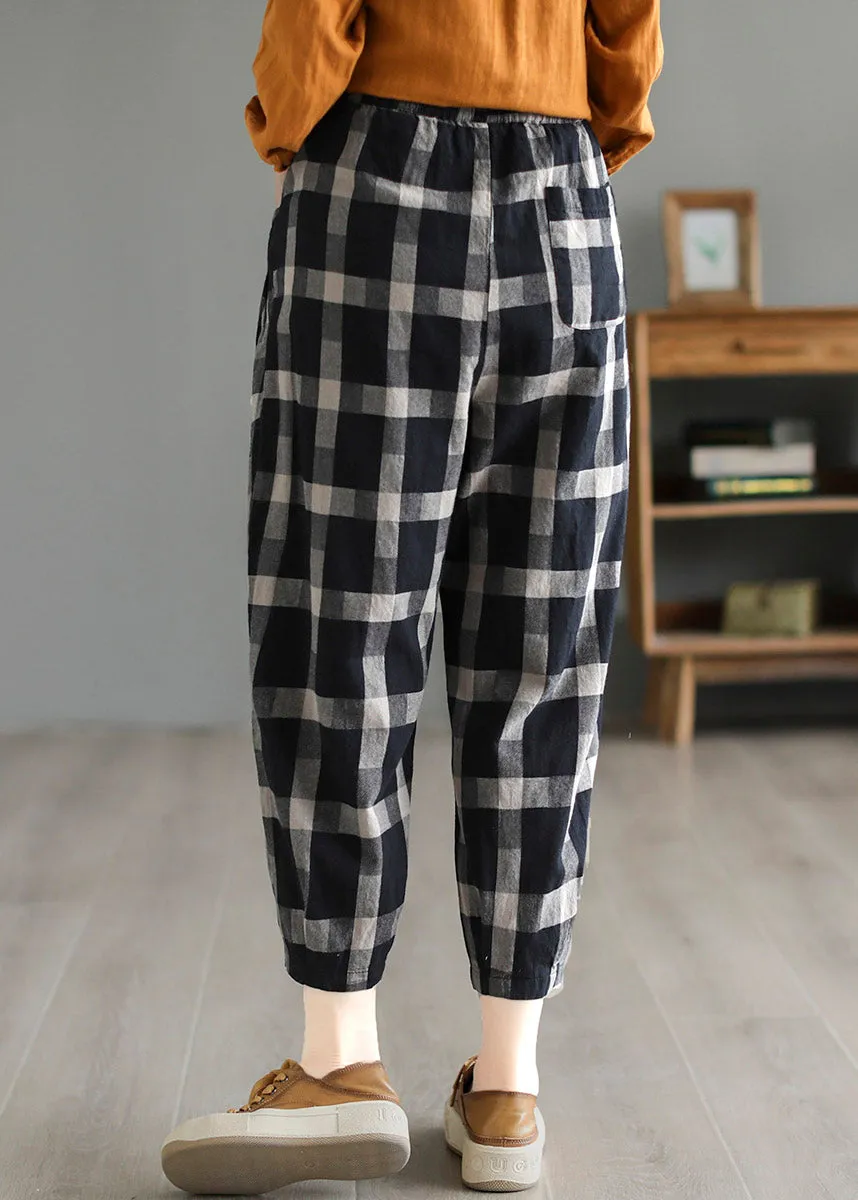 Casual Black Plaid High Waist Linen Crop Pants LY4581
