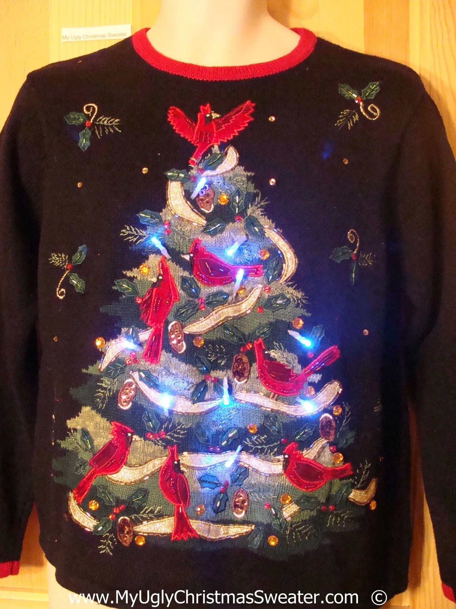 Christmas Sweater with Lights Tree and Red Cardinals (g241)