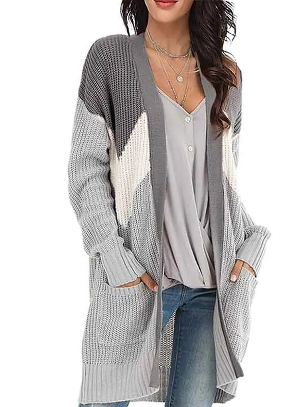 Color Block Drop Shoulder Long Sleeve Long Cardigan With Pocket