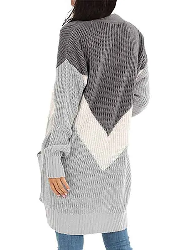 Color Block Drop Shoulder Long Sleeve Long Cardigan With Pocket