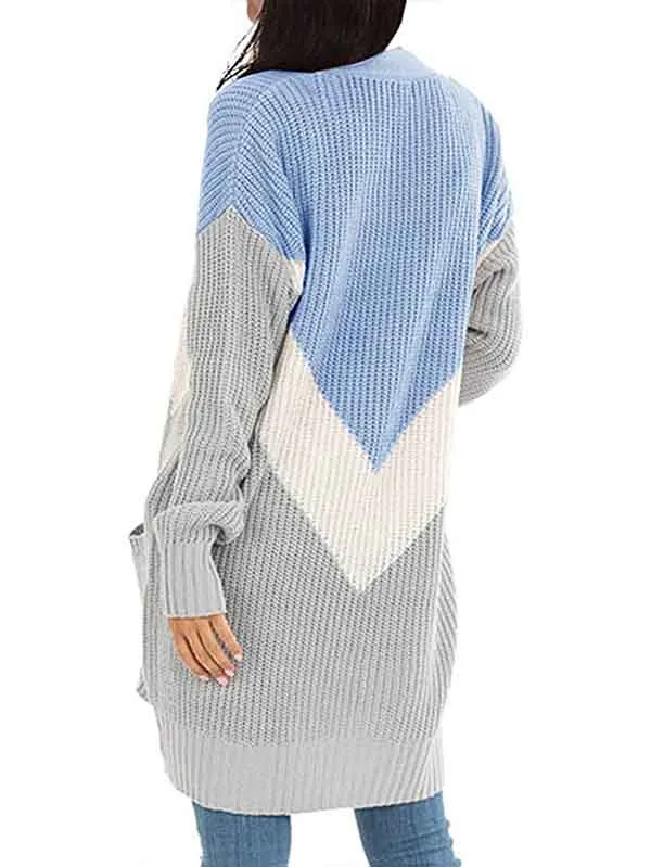 Color Block Drop Shoulder Long Sleeve Long Cardigan With Pocket