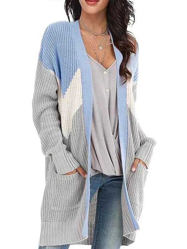Color Block Drop Shoulder Long Sleeve Long Cardigan With Pocket