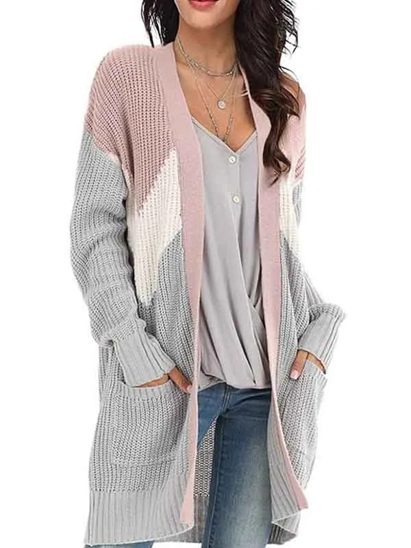 Color Block Drop Shoulder Long Sleeve Long Cardigan With Pocket