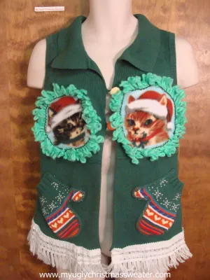 Colorful Winter Mittens Christmas Cat Ugly Sweater Vest