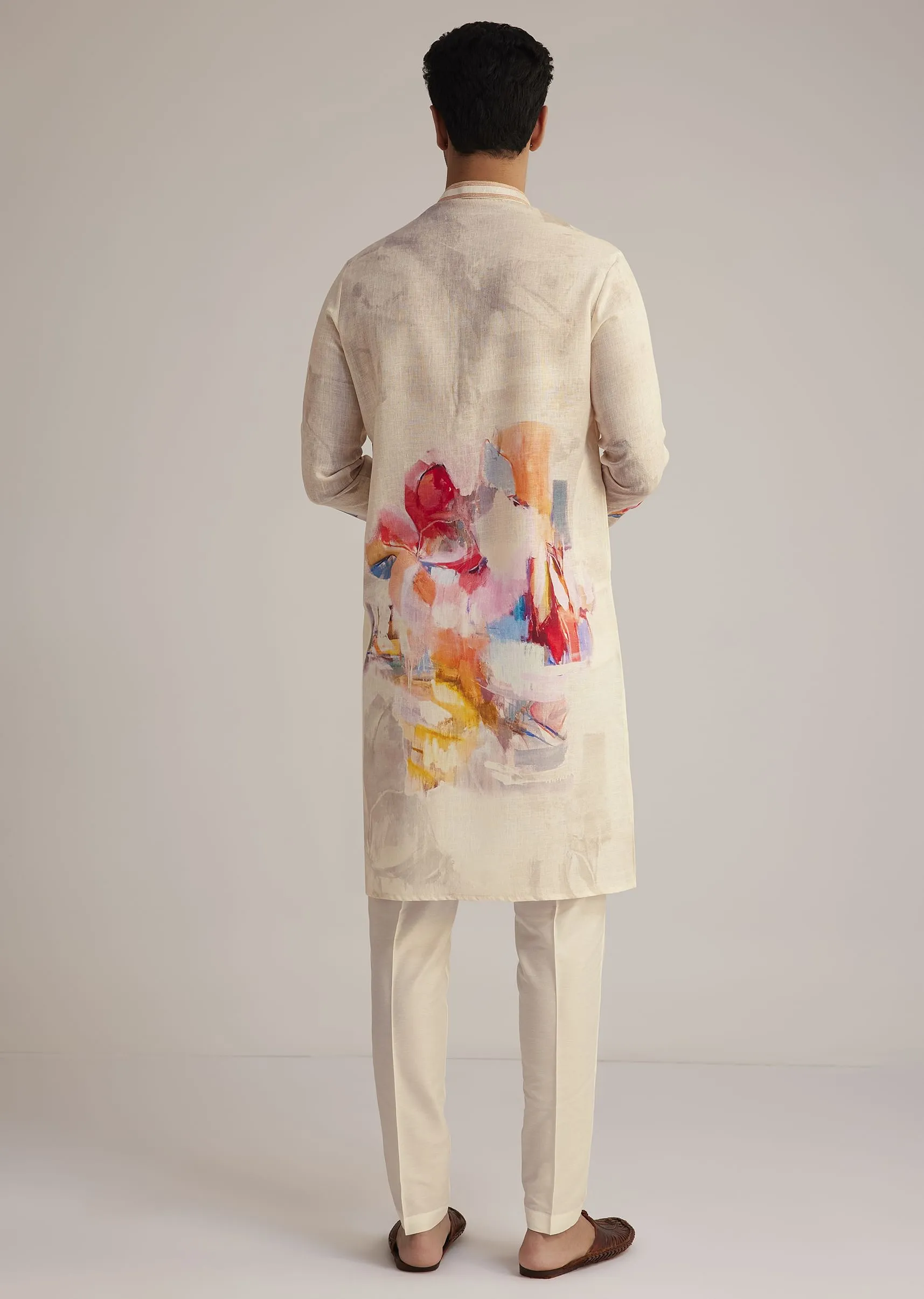 Cream Linen Kurta Set With Abstract Artistic Print