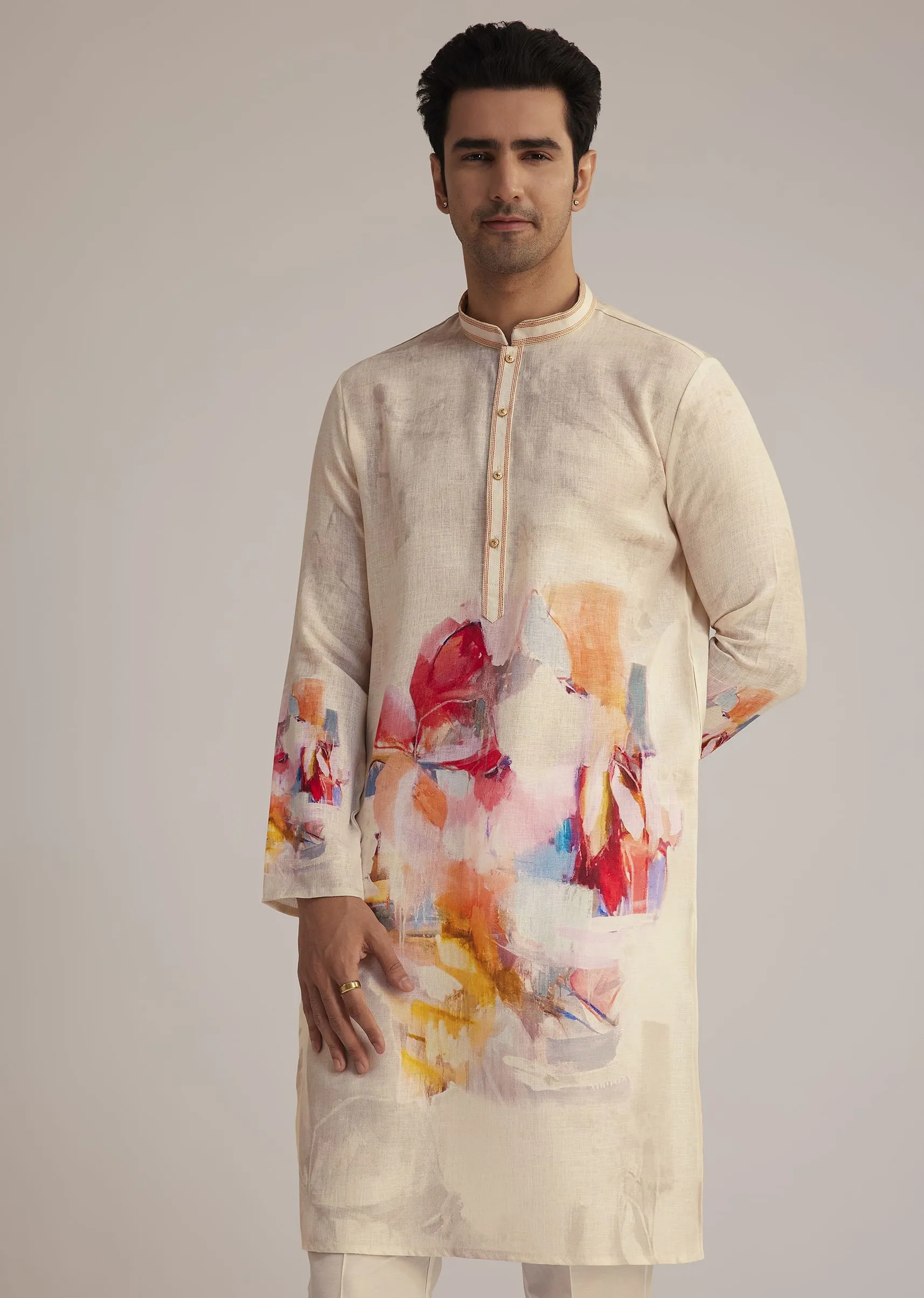 Cream Linen Kurta Set With Abstract Artistic Print