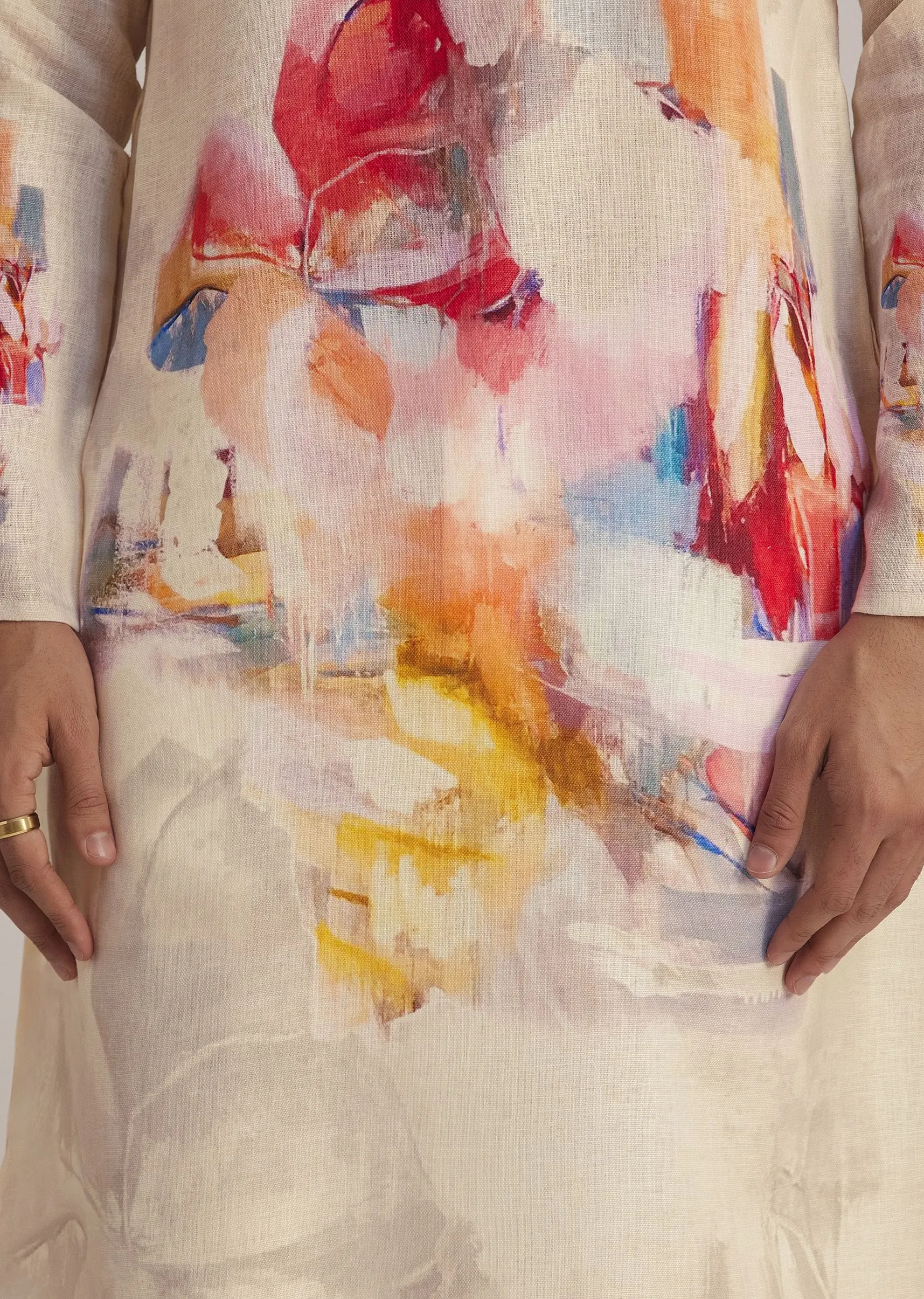 Cream Linen Kurta Set With Abstract Artistic Print
