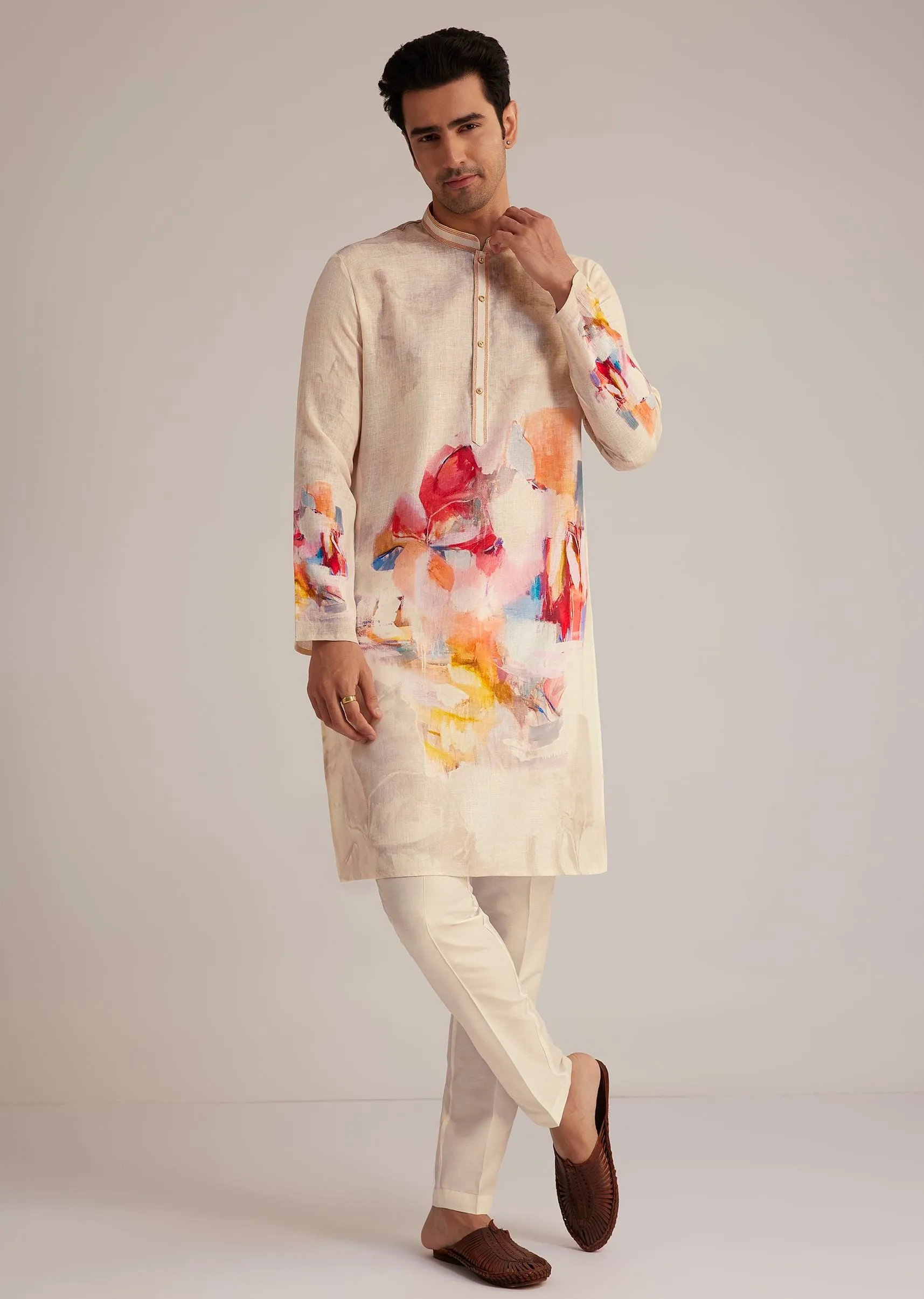 Cream Linen Kurta Set With Abstract Artistic Print