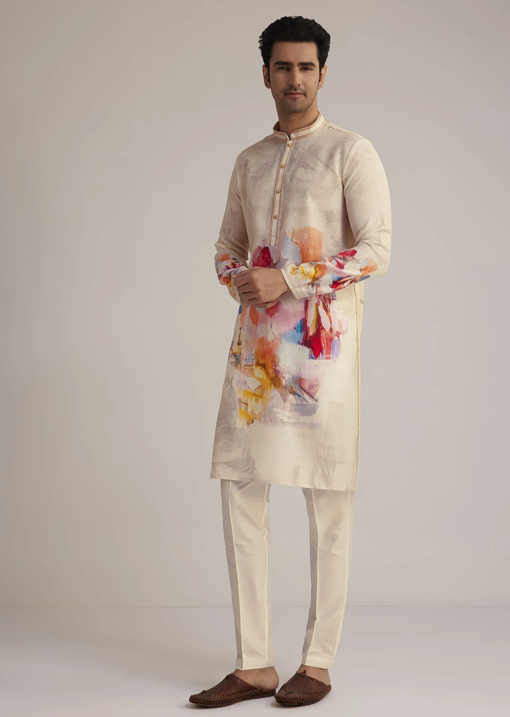 Cream Linen Kurta Set With Abstract Artistic Print