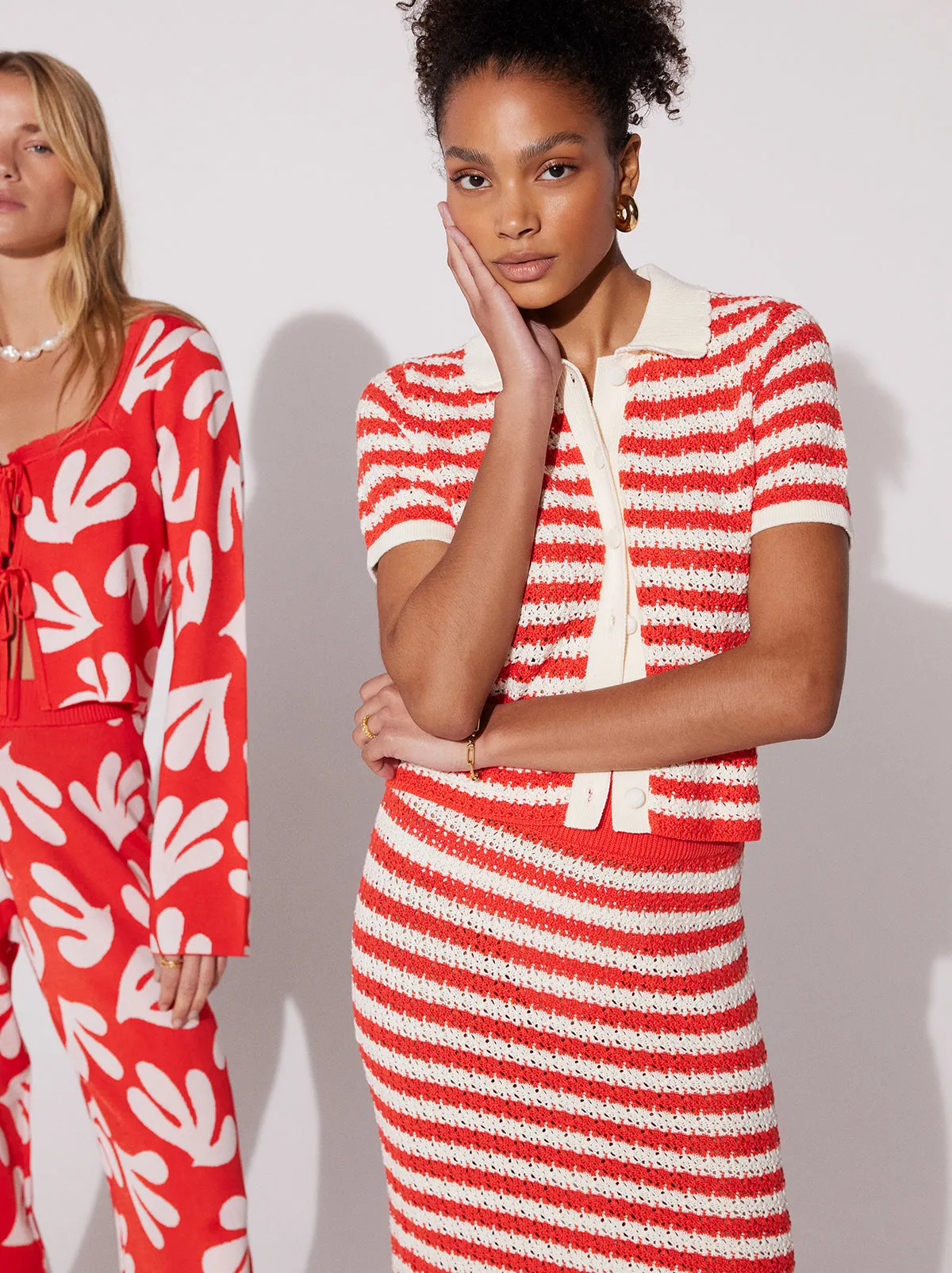 Delphine Orange Stripe Crochet Knit Midi Skirt